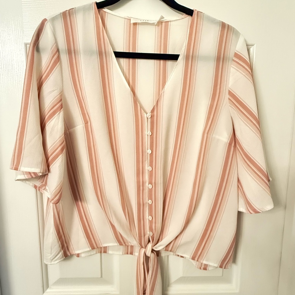 Lush Pink and White Flutter Sleeve Tie Front Blouse